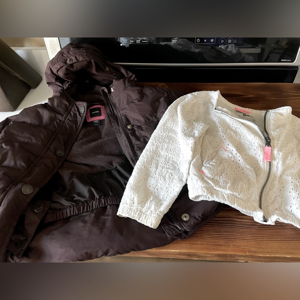 Girls 3T Eyelet White Zip-Up Fall Jacket & Brown Winter Puffy Coat